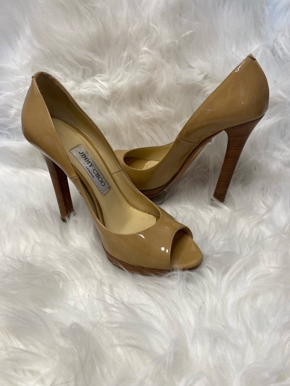 Jimmy Choo Nude Patent Leather Peep-Toe Pumps with Wooden Heels. Authentic